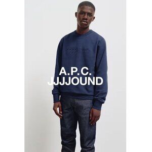 A.P.C. x JJJJOUND Men's  Navy Blue Terry Cotton Big Script Logo Sweatshirt Size